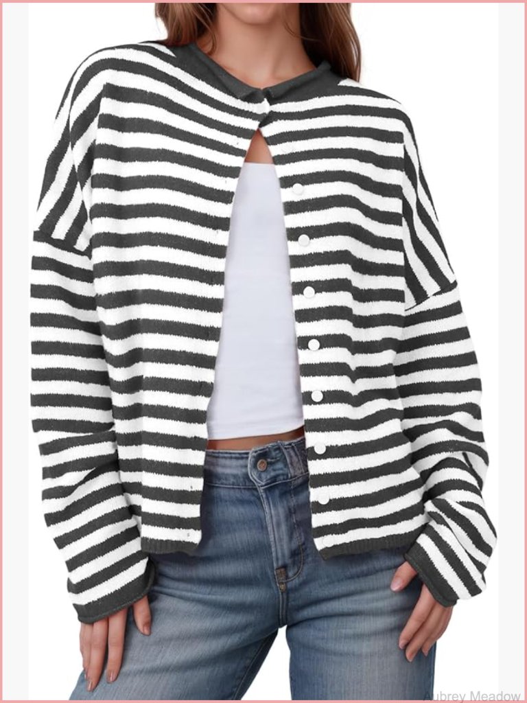 Striped Cardigan Long Sleeve Open Front Button Down Loose Knit Lightweight Fall